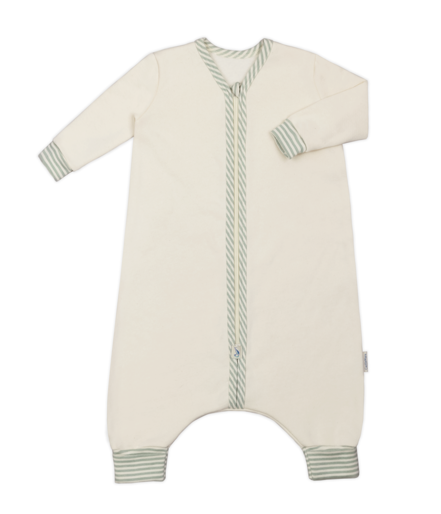 Long Sleeve Organic Cotton Fleece Sleeper Bag For Walkers TOG 2.0 Natural W Soft Green Stripe Trim Toddler Sleeper Bag CastleWare Baby 923-54