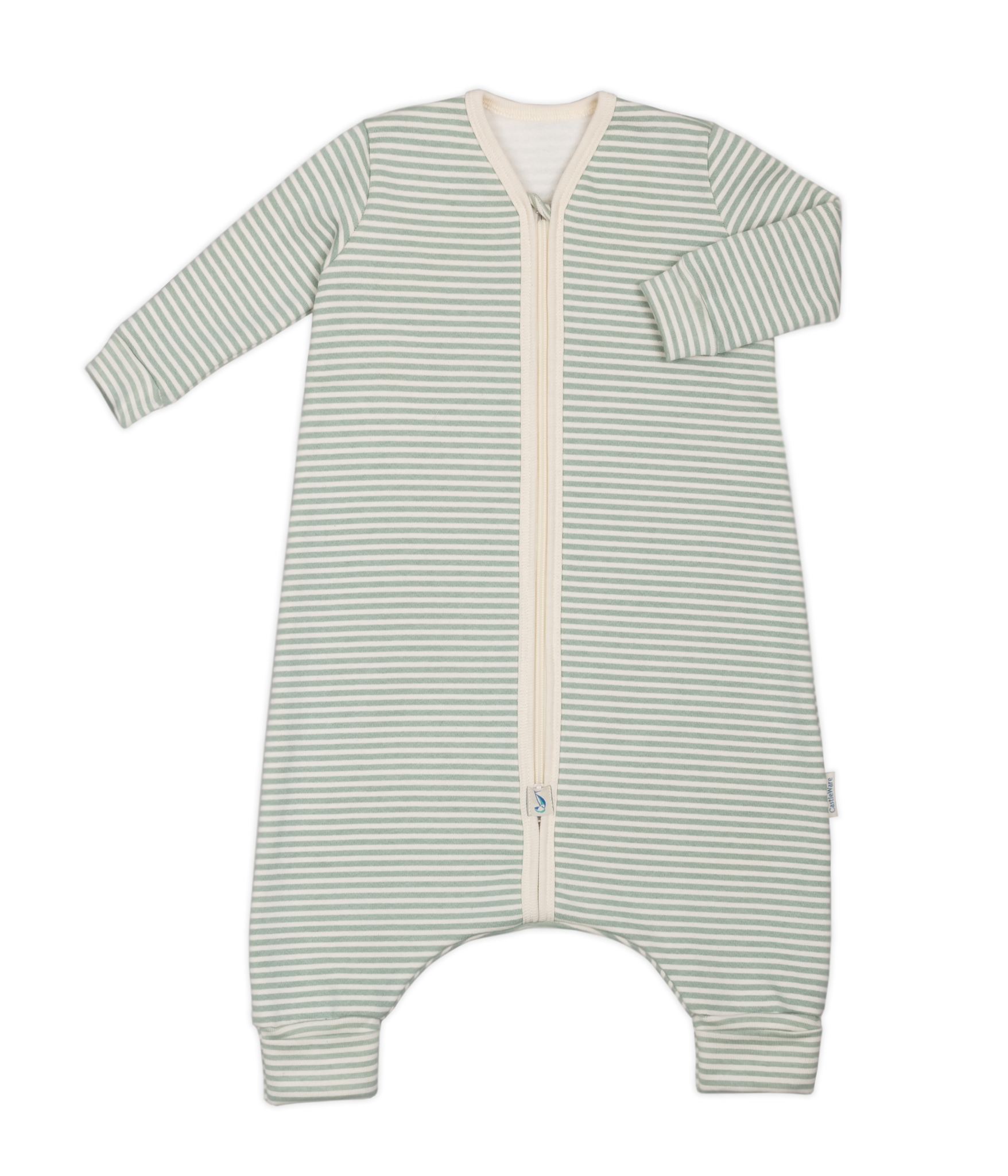 Long Sleeve Organic Cotton Fleece Sleeper Bag For Walkers TOG 2.0 Natural Green Stripe Toddler Sleeper Bag CastleWare Baby 923-59