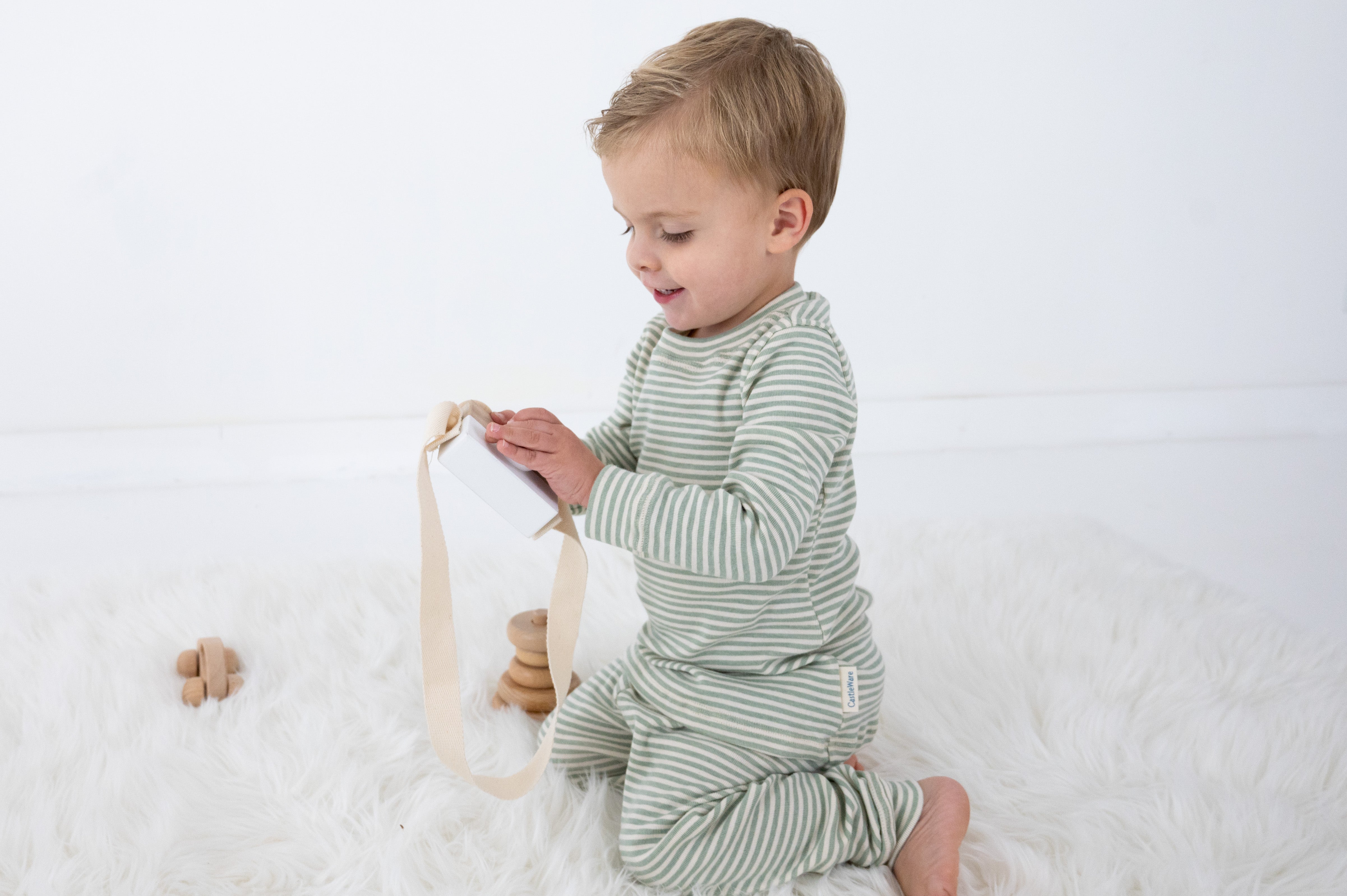 Organic Cotton Rib Knit Pajama and Play Set TOG 1.5 Pajama and Play Set CastleWare Baby Striped_PJSet_Sitting