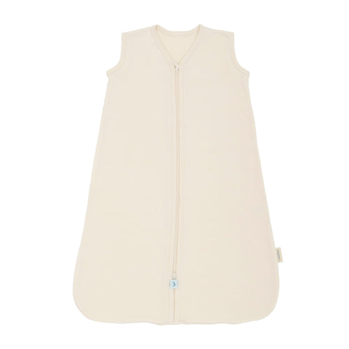Flat image of natural sleep sack with natural zipper and binding around neckline and armhole openings.