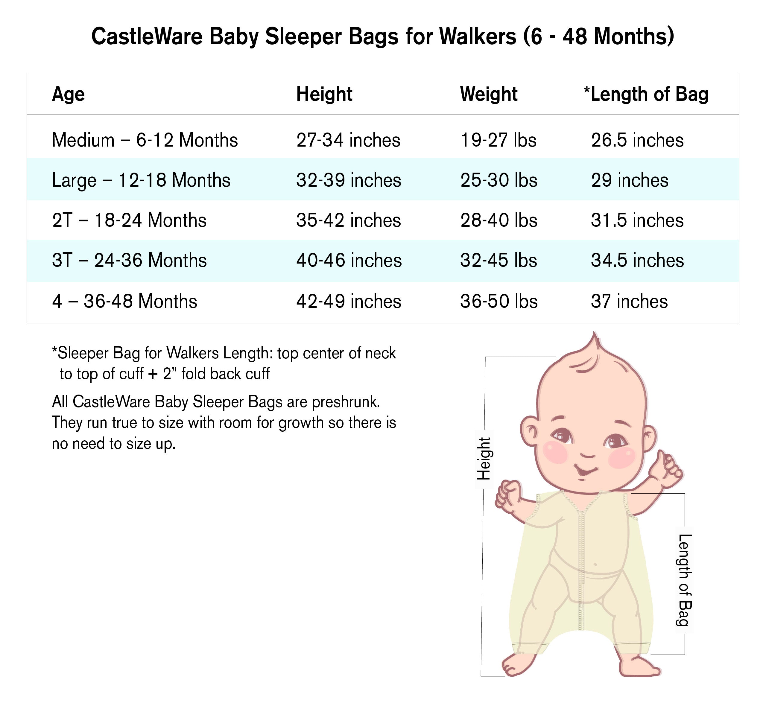 Long Sleeve Organic Cotton Rib Knit Sleeper Bag For Walkers TOG 1.5 Sleep Sack for Walkers CastleWare Baby CastleWareBabySleepBagforWalkersSizeChart_c75a0924-ebf6-448d-8c63-9a93d5ebcebf