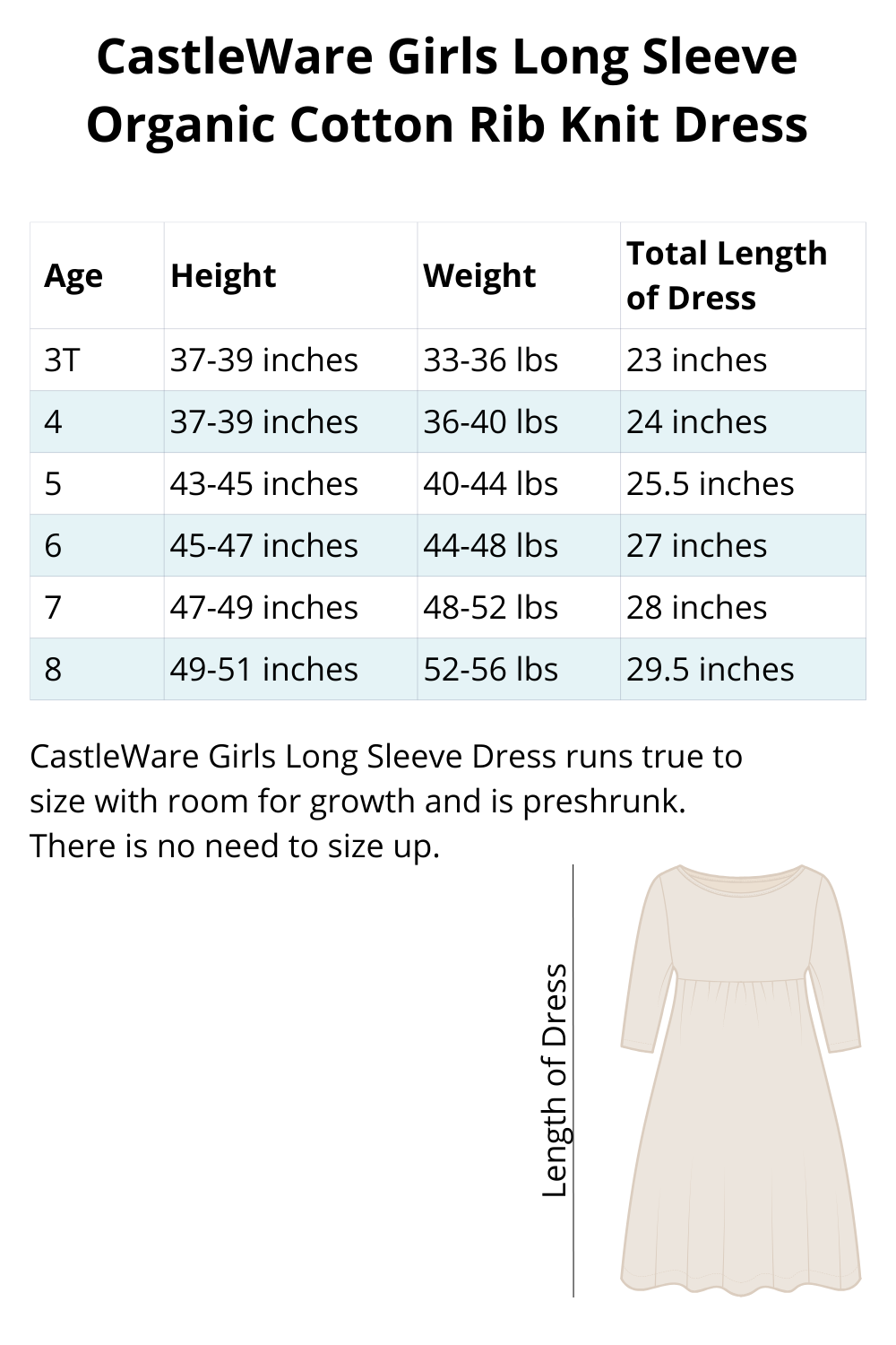 Girls Long Sleeve Organic Cotton Rib Knit Dress Long Sleeve Dress CastleWare Baby CastleWareGirlsLongSleeveDress_Sizing_1000x1500px